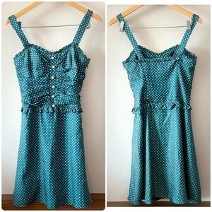 Vintage 90's Betsey Johnson teal polka dot silk midi-length dress.